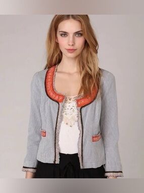 Free People My Fair Lady Cropped Jacket Blue Striped Beaded Frayed Size 8